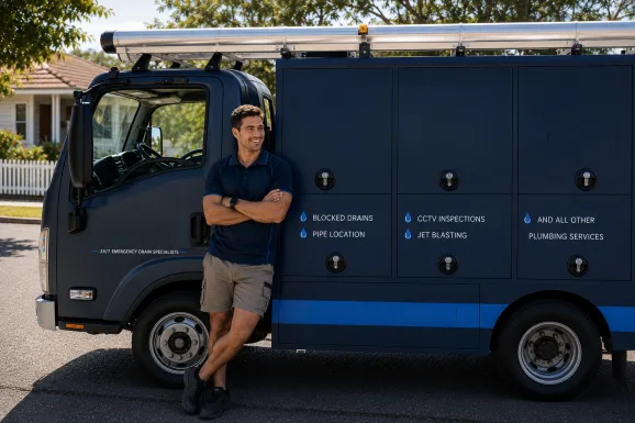 Plumber standing beside a service van in Castle Hill