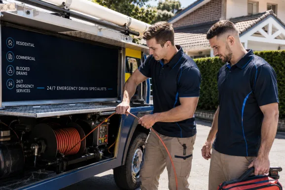Two plumbers working on a blocked drain in Castle Hill