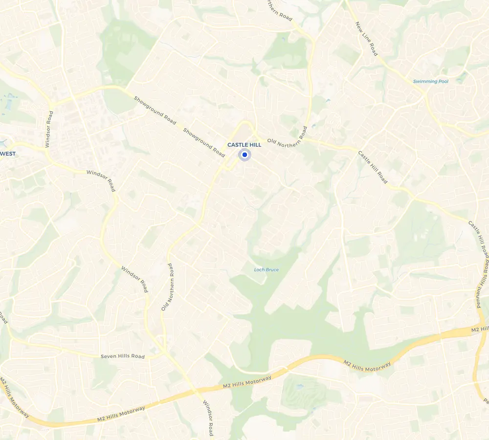 Map of the Castle Hill service area and the surrounding Hills District, showing Castle Hill and the nearby streets we cover.