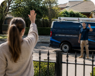 Customer waving goodbye to a Castle Hill Blocked Drains plumber